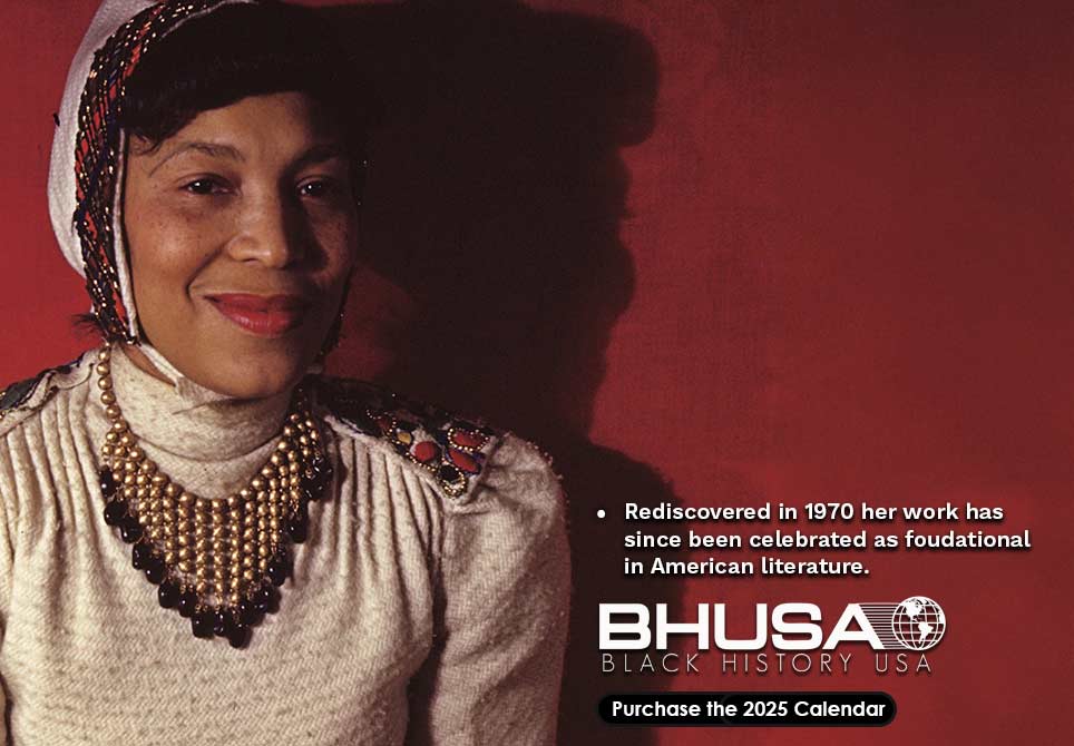 an advertisement to purchase the BHUSA Calendar with a photo of Zora Neal Hurston. click for more information